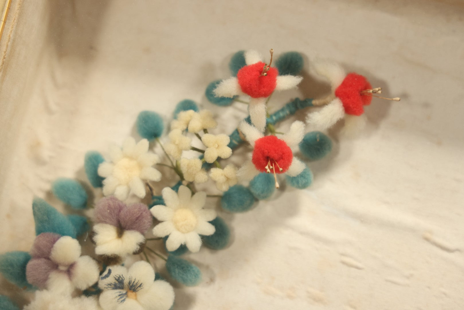 Early 20th Century Shadow Box With Wool Work Flower Horseshoe And Bouquet Arrangement, 24-5/8" X 28-3/8"