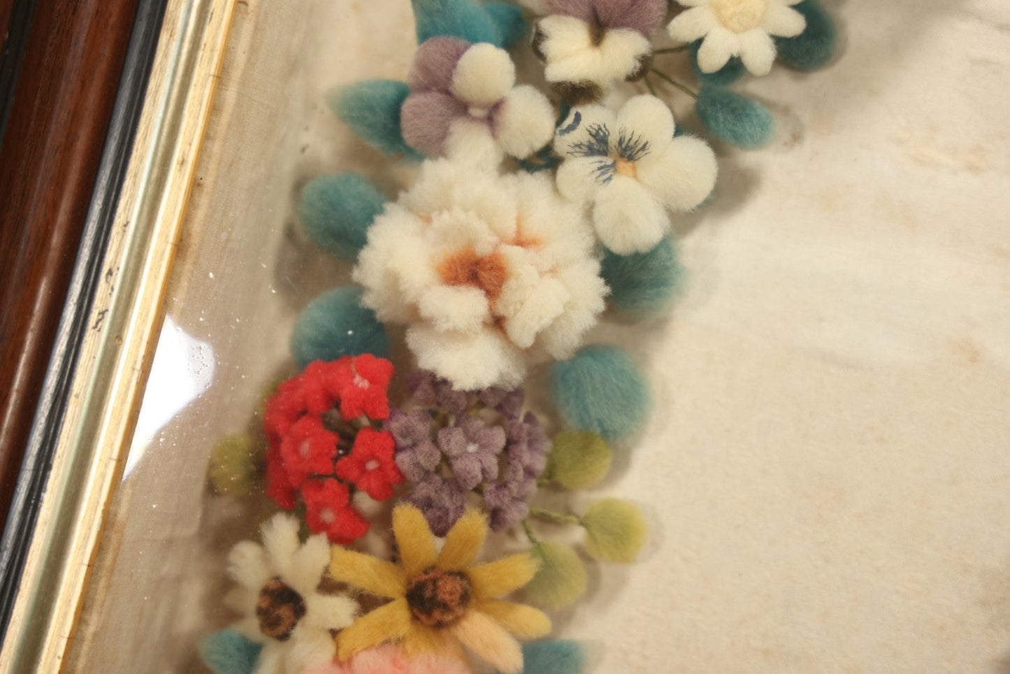 Early 20th Century Shadow Box With Wool Work Flower Horseshoe And Bouquet Arrangement, 24-5/8" X 28-3/8"