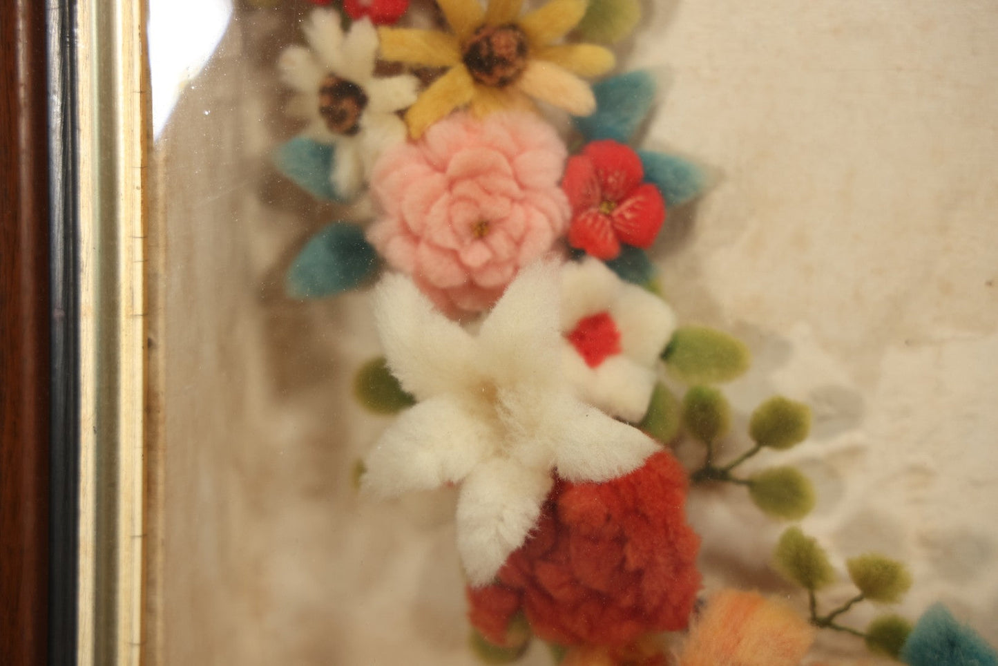 Early 20th Century Shadow Box With Wool Work Flower Horseshoe And Bouquet Arrangement, 24-5/8" X 28-3/8"