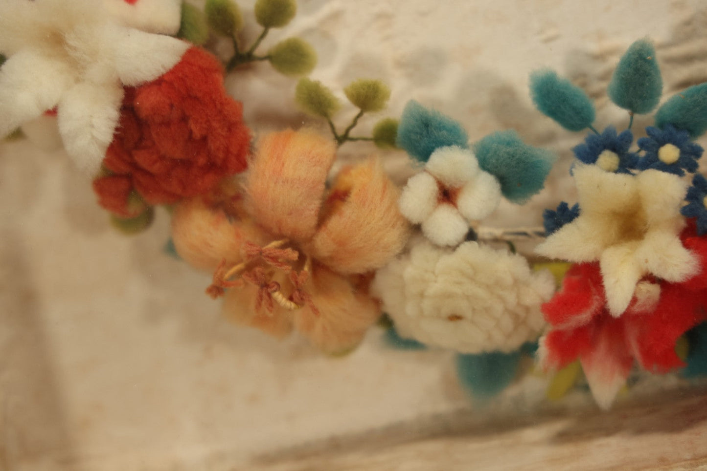 Early 20th Century Shadow Box With Wool Work Flower Horseshoe And Bouquet Arrangement, 24-5/8" X 28-3/8"