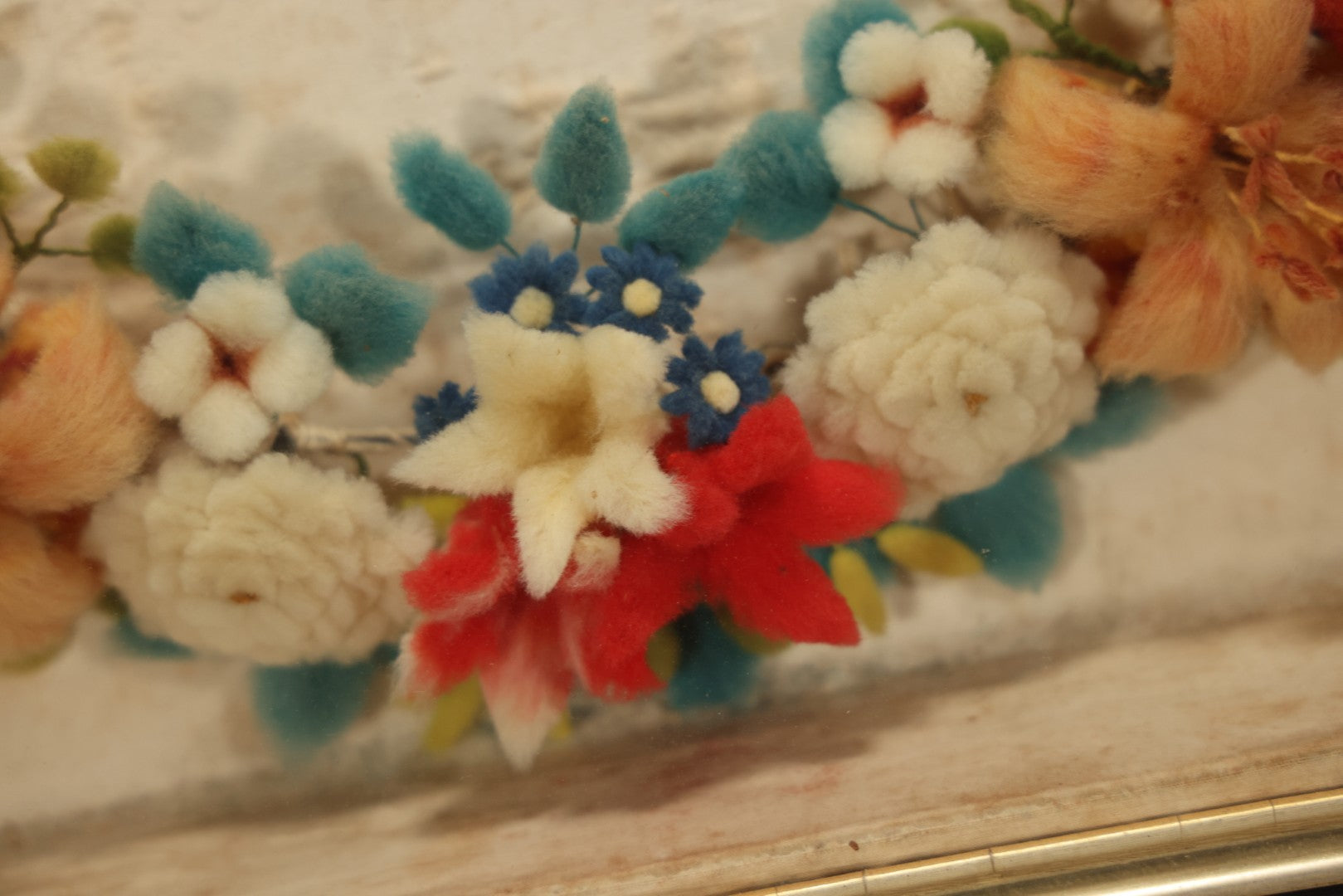 Early 20th Century Shadow Box With Wool Work Flower Horseshoe And Bouquet Arrangement, 24-5/8" X 28-3/8"