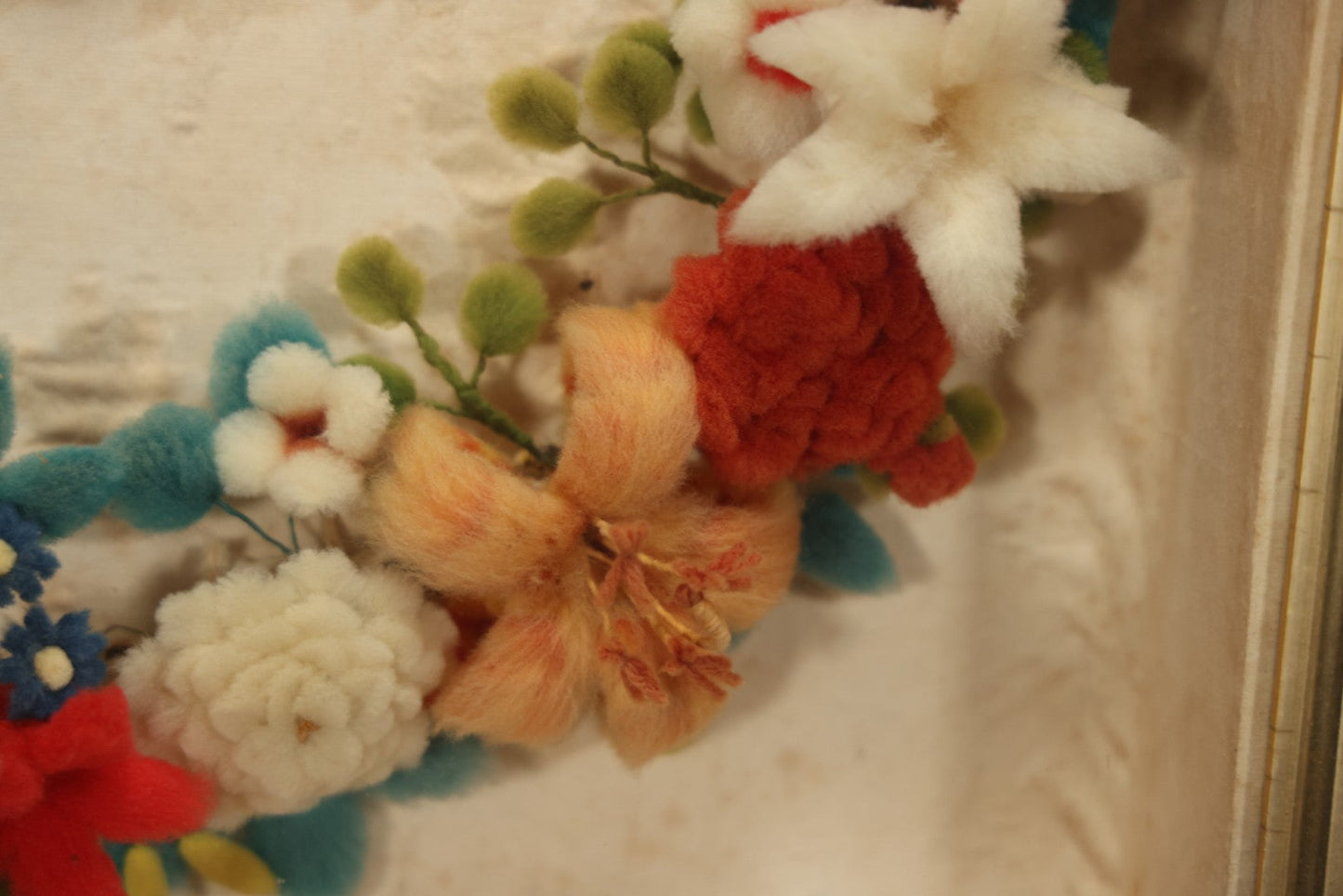 Early 20th Century Shadow Box With Wool Work Flower Horseshoe And Bouquet Arrangement, 24-5/8" X 28-3/8"