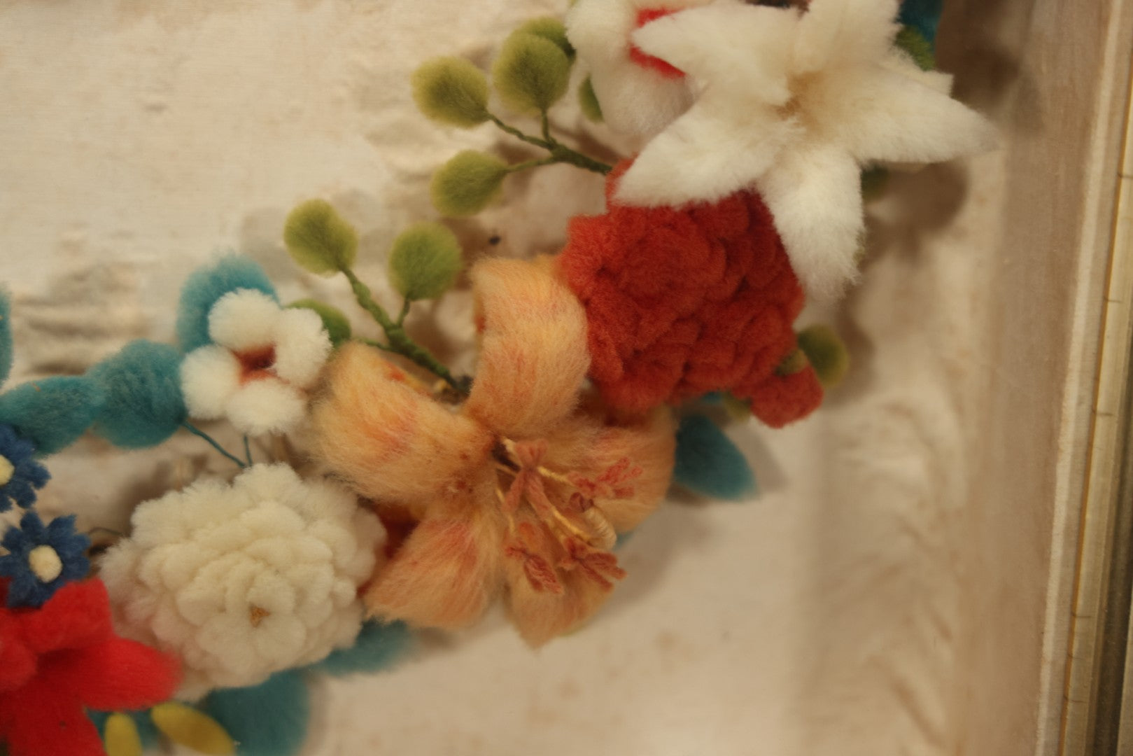 Early 20th Century Shadow Box With Wool Work Flower Horseshoe And Bouquet Arrangement, 24-5/8" X 28-3/8"