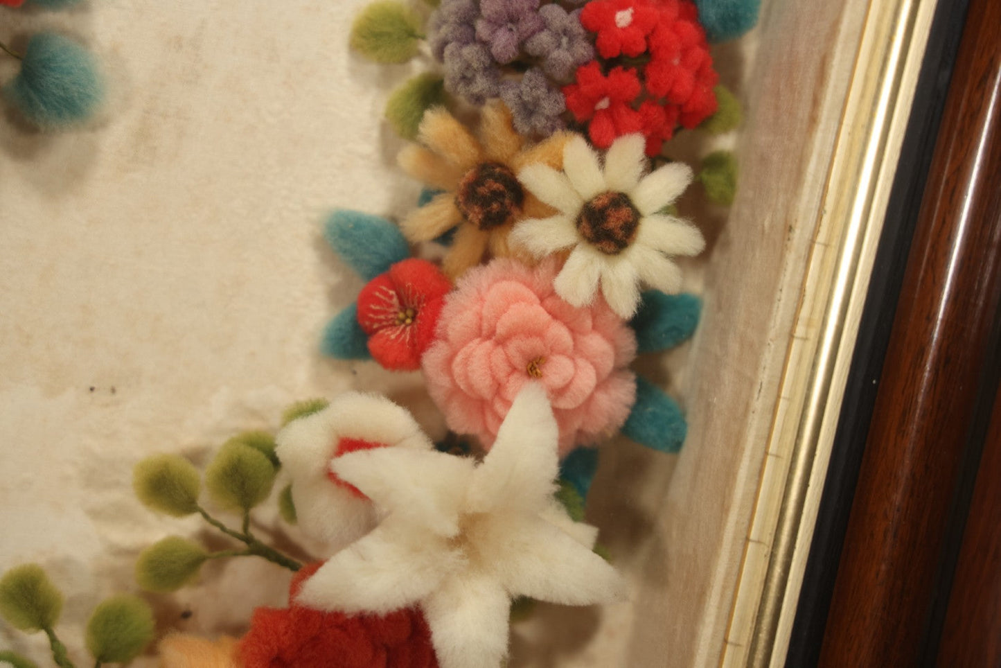 Early 20th Century Shadow Box With Wool Work Flower Horseshoe And Bouquet Arrangement, 24-5/8" X 28-3/8"