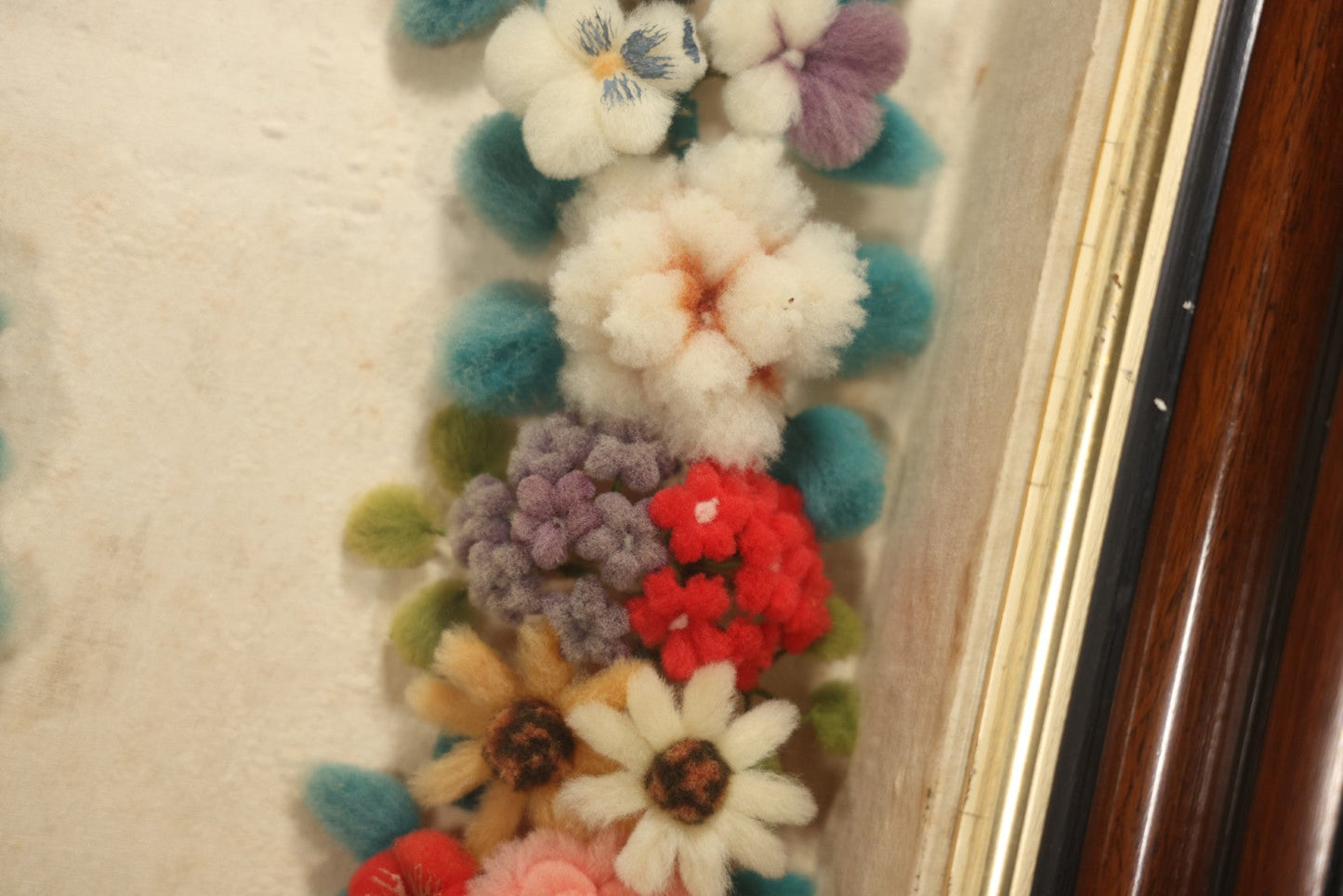 Early 20th Century Shadow Box With Wool Work Flower Horseshoe And Bouquet Arrangement, 24-5/8" X 28-3/8"