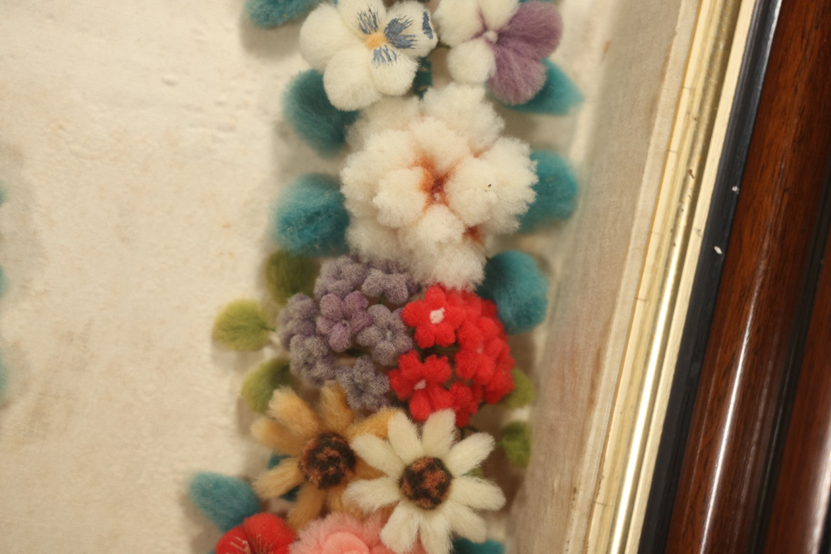Early 20th Century Shadow Box With Wool Work Flower Horseshoe And Bouquet Arrangement, 24-5/8" X 28-3/8"