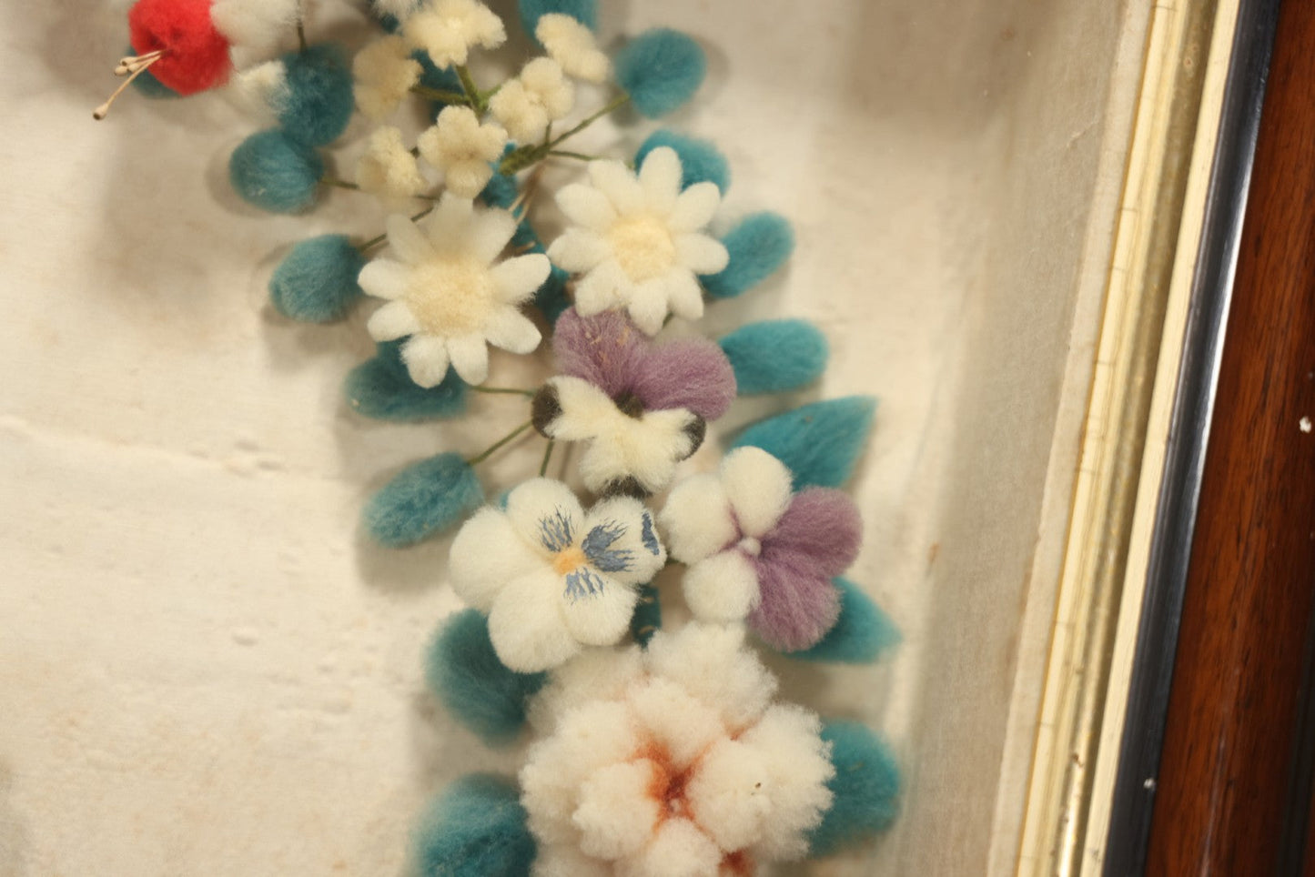 Early 20th Century Shadow Box With Wool Work Flower Horseshoe And Bouquet Arrangement, 24-5/8" X 28-3/8"