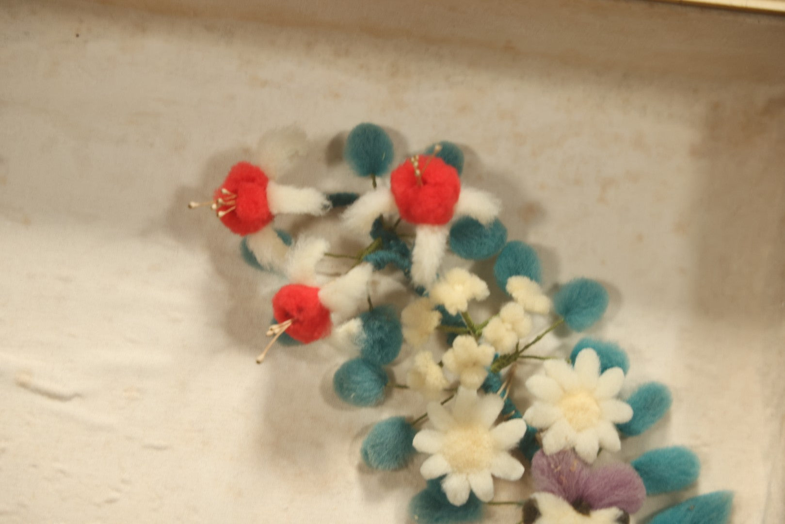 Early 20th Century Shadow Box With Wool Work Flower Horseshoe And Bouquet Arrangement, 24-5/8" X 28-3/8"