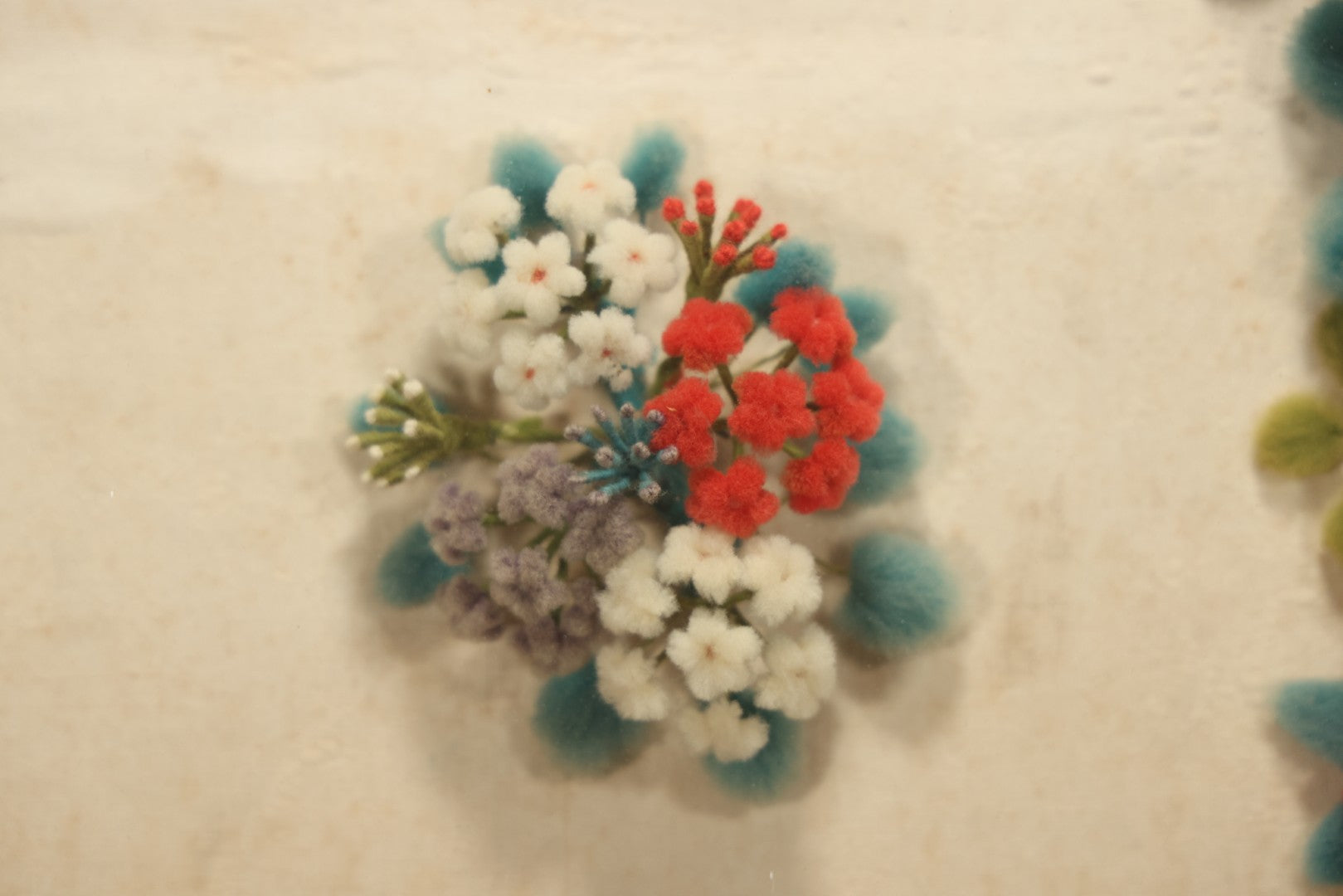 Early 20th Century Shadow Box With Wool Work Flower Horseshoe And Bouquet Arrangement, 24-5/8" X 28-3/8"