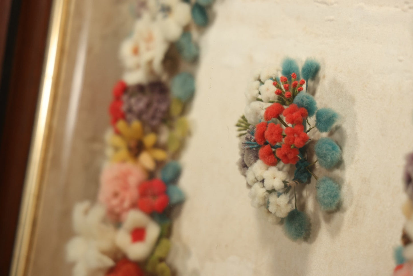 Early 20th Century Shadow Box With Wool Work Flower Horseshoe And Bouquet Arrangement, 24-5/8" X 28-3/8"