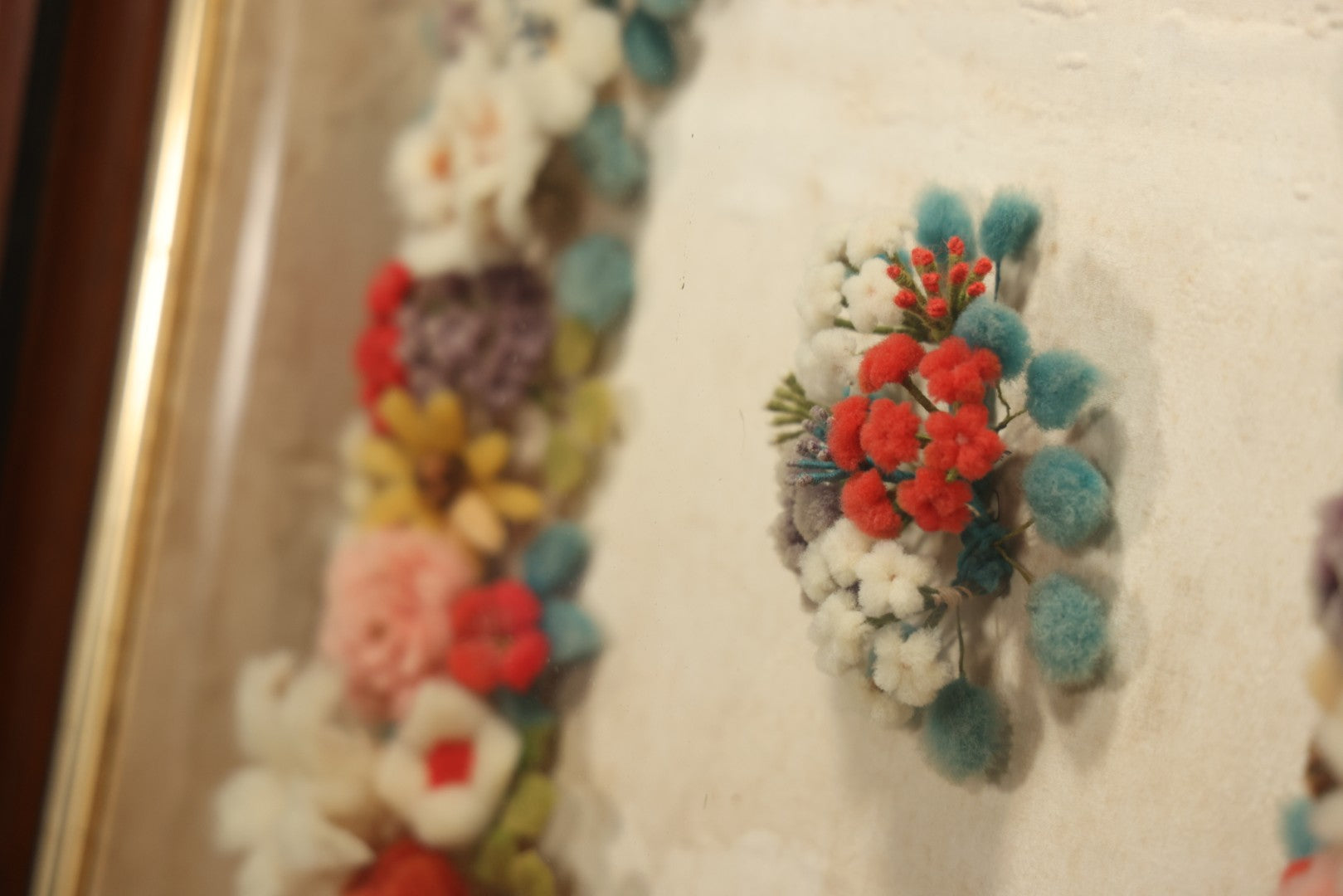 Early 20th Century Shadow Box With Wool Work Flower Horseshoe And Bouquet Arrangement, 24-5/8" X 28-3/8"