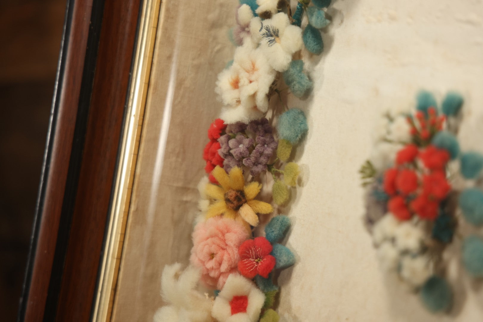 Early 20th Century Shadow Box With Wool Work Flower Horseshoe And Bouquet Arrangement, 24-5/8" X 28-3/8"