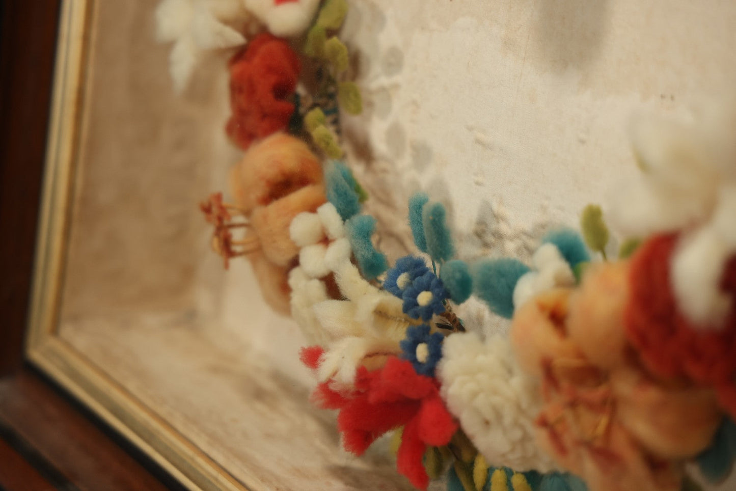 Early 20th Century Shadow Box With Wool Work Flower Horseshoe And Bouquet Arrangement, 24-5/8" X 28-3/8"
