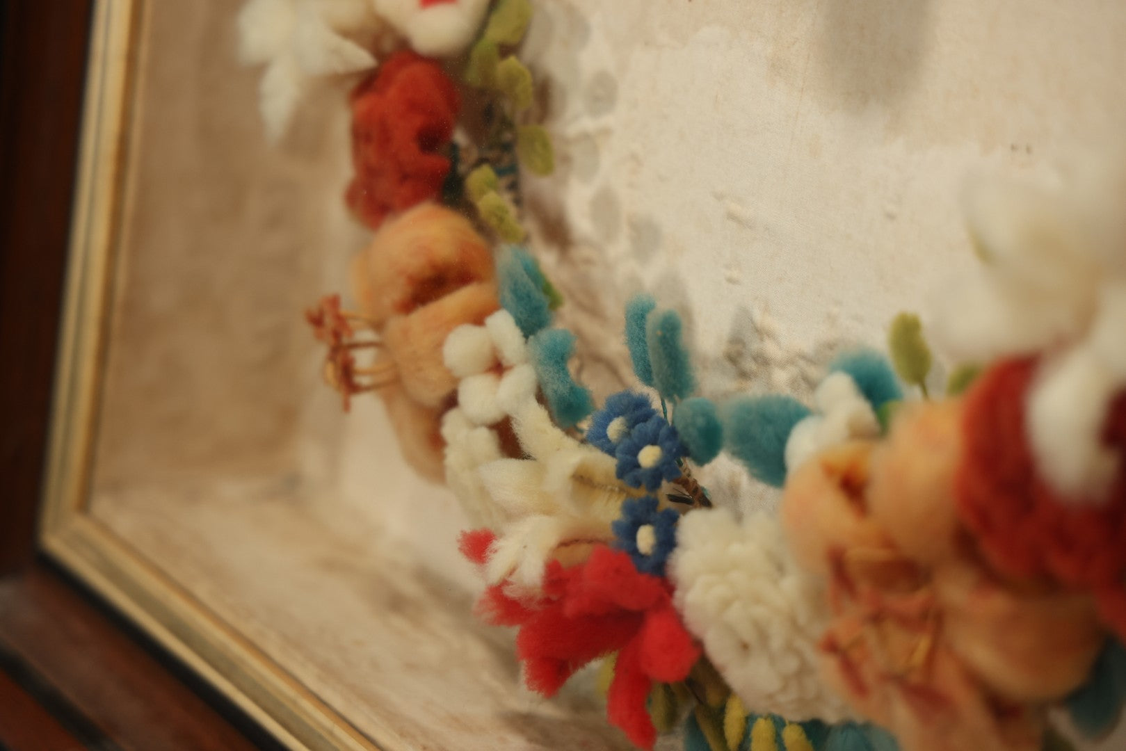 Early 20th Century Shadow Box With Wool Work Flower Horseshoe And Bouquet Arrangement, 24-5/8" X 28-3/8"