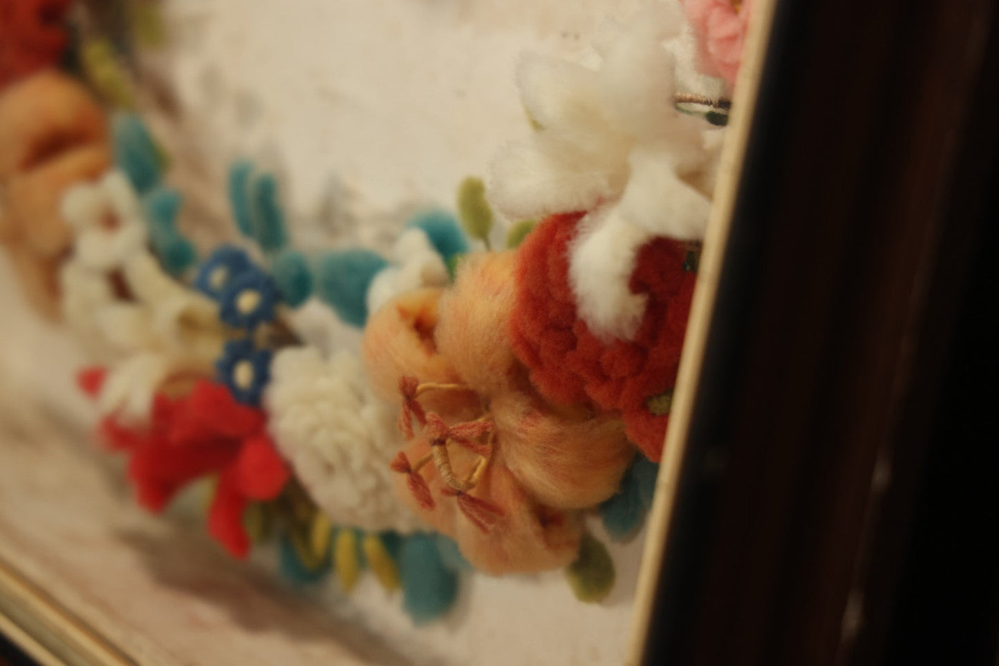 Early 20th Century Shadow Box With Wool Work Flower Horseshoe And Bouquet Arrangement, 24-5/8" X 28-3/8"