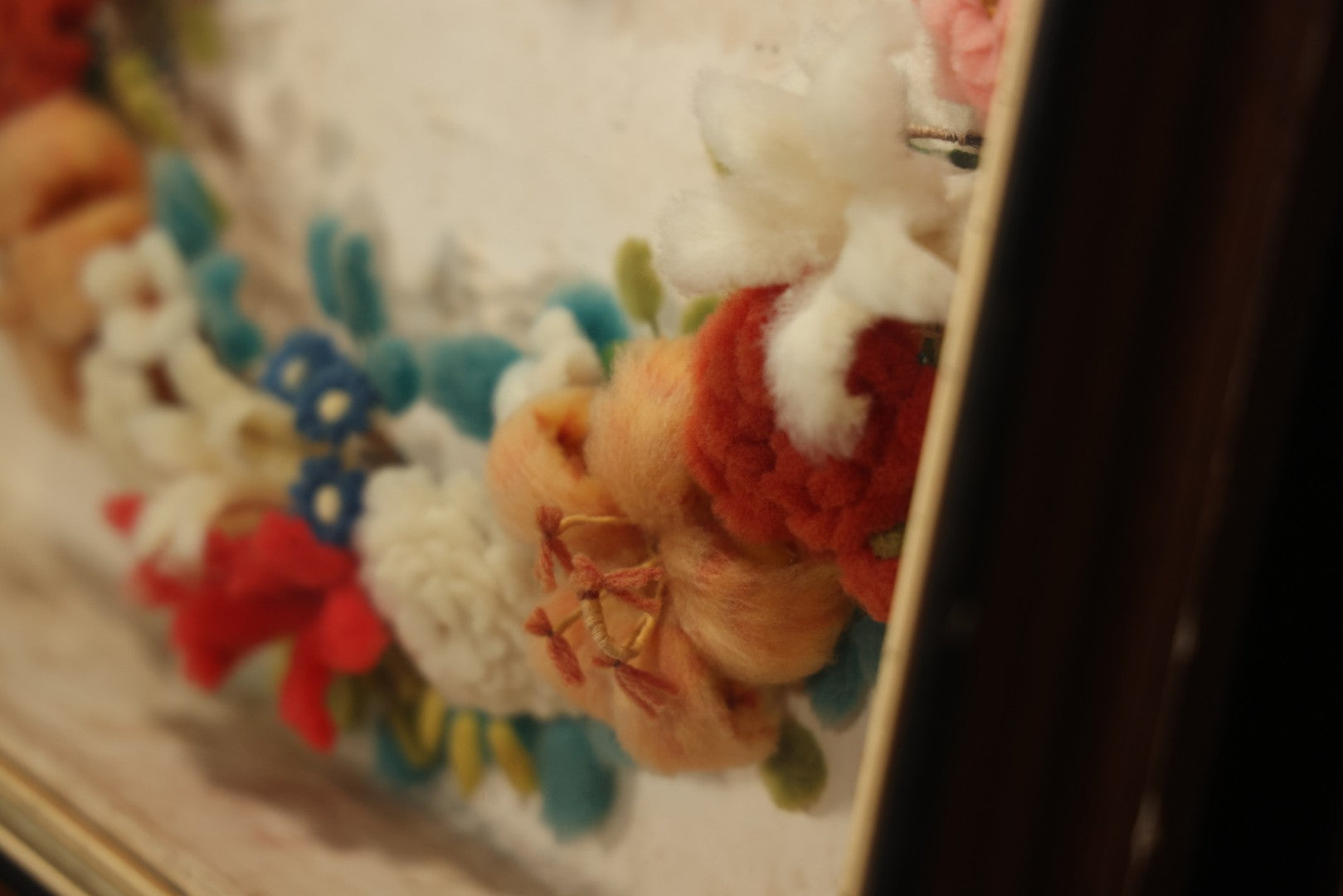 Early 20th Century Shadow Box With Wool Work Flower Horseshoe And Bouquet Arrangement, 24-5/8" X 28-3/8"