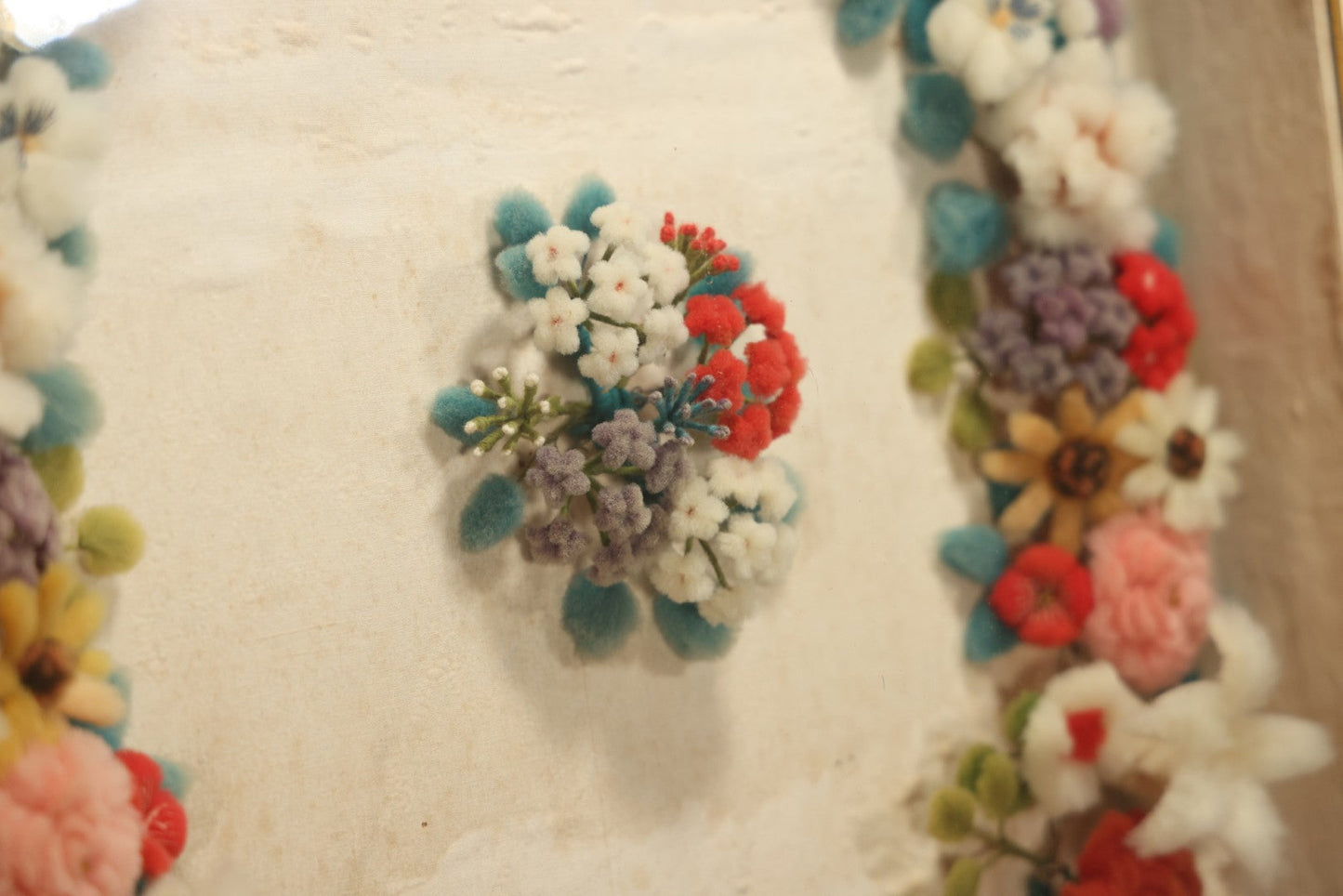 Early 20th Century Shadow Box With Wool Work Flower Horseshoe And Bouquet Arrangement, 24-5/8" X 28-3/8"