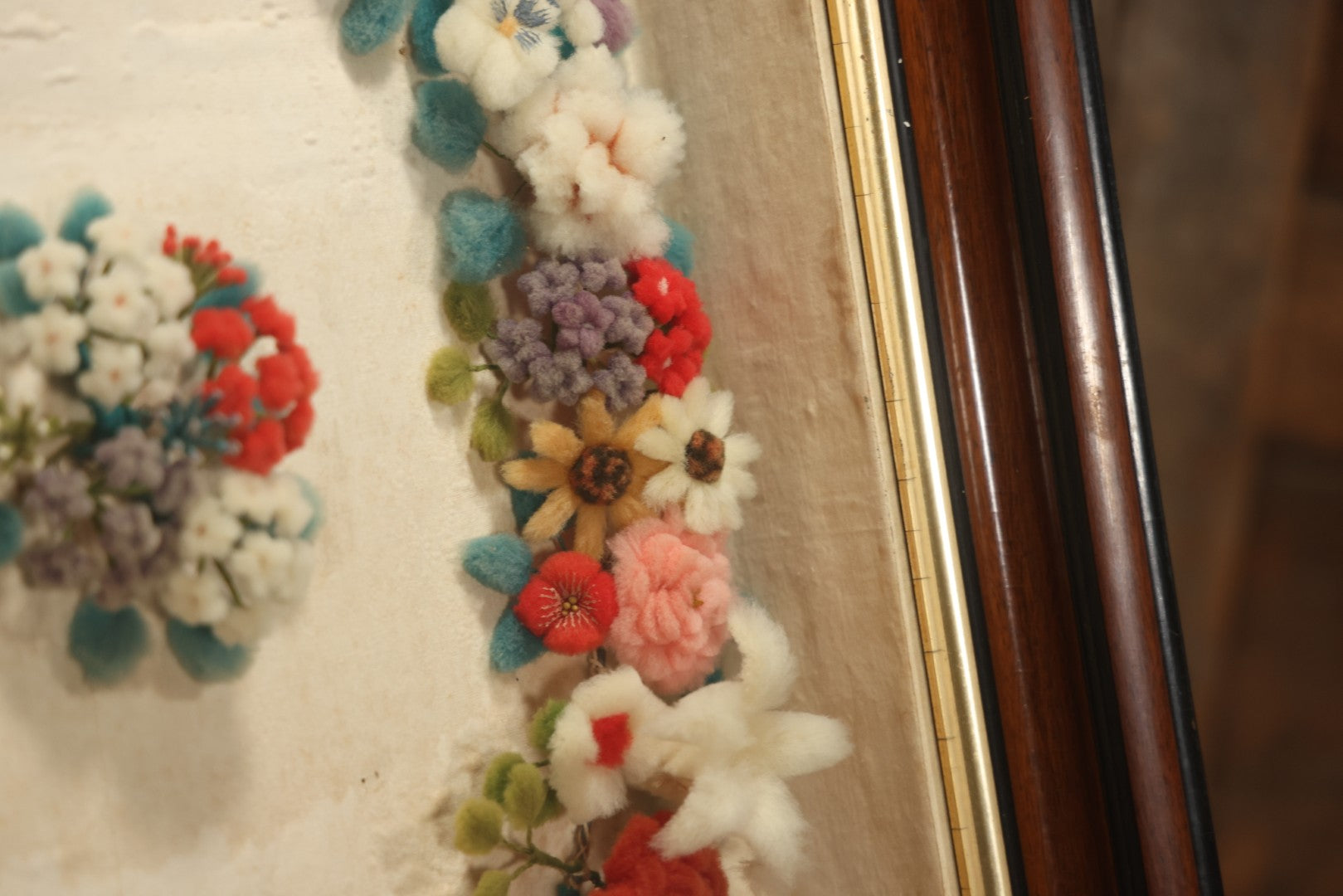 Early 20th Century Shadow Box With Wool Work Flower Horseshoe And Bouquet Arrangement, 24-5/8" X 28-3/8"