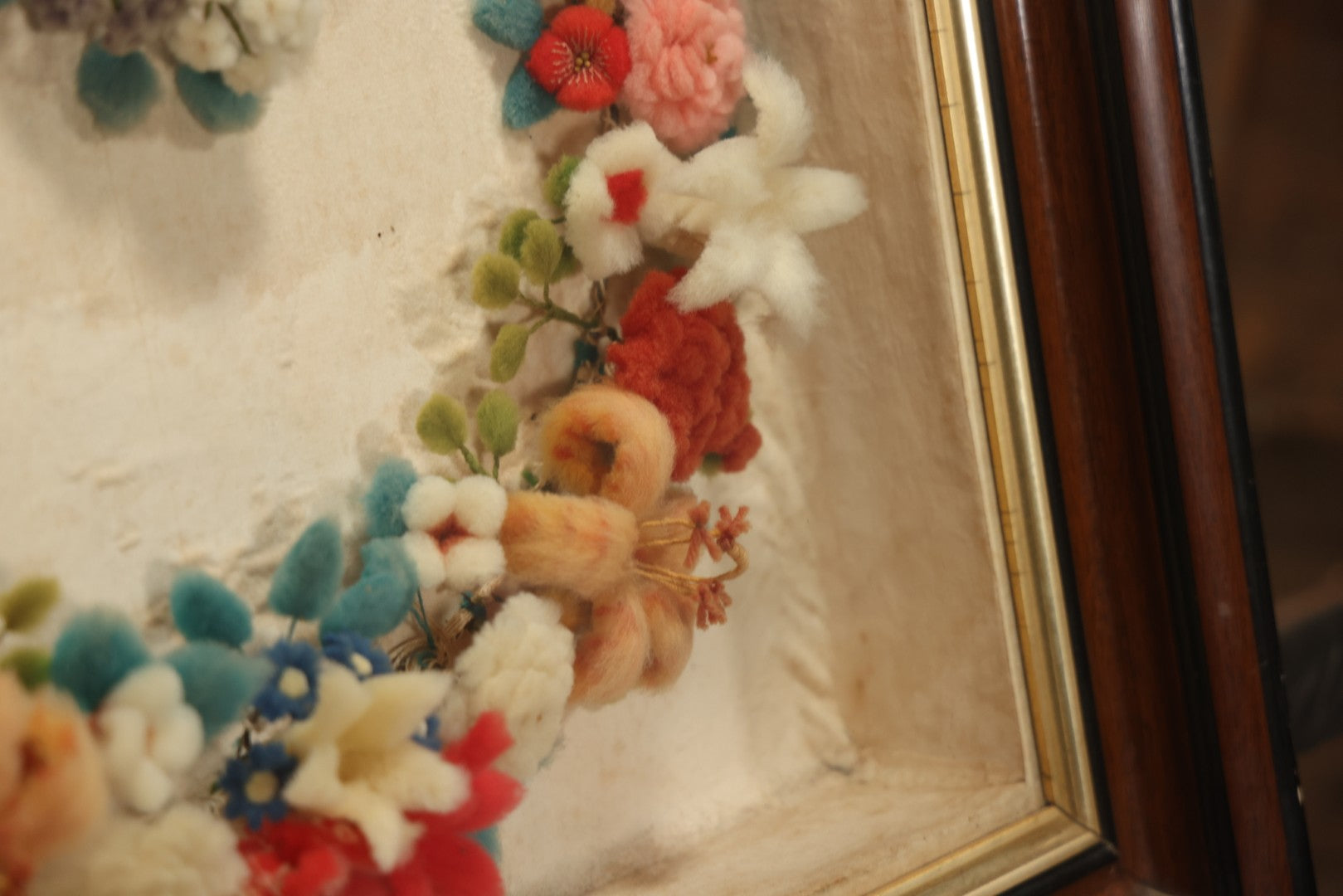 Early 20th Century Shadow Box With Wool Work Flower Horseshoe And Bouquet Arrangement, 24-5/8" X 28-3/8"