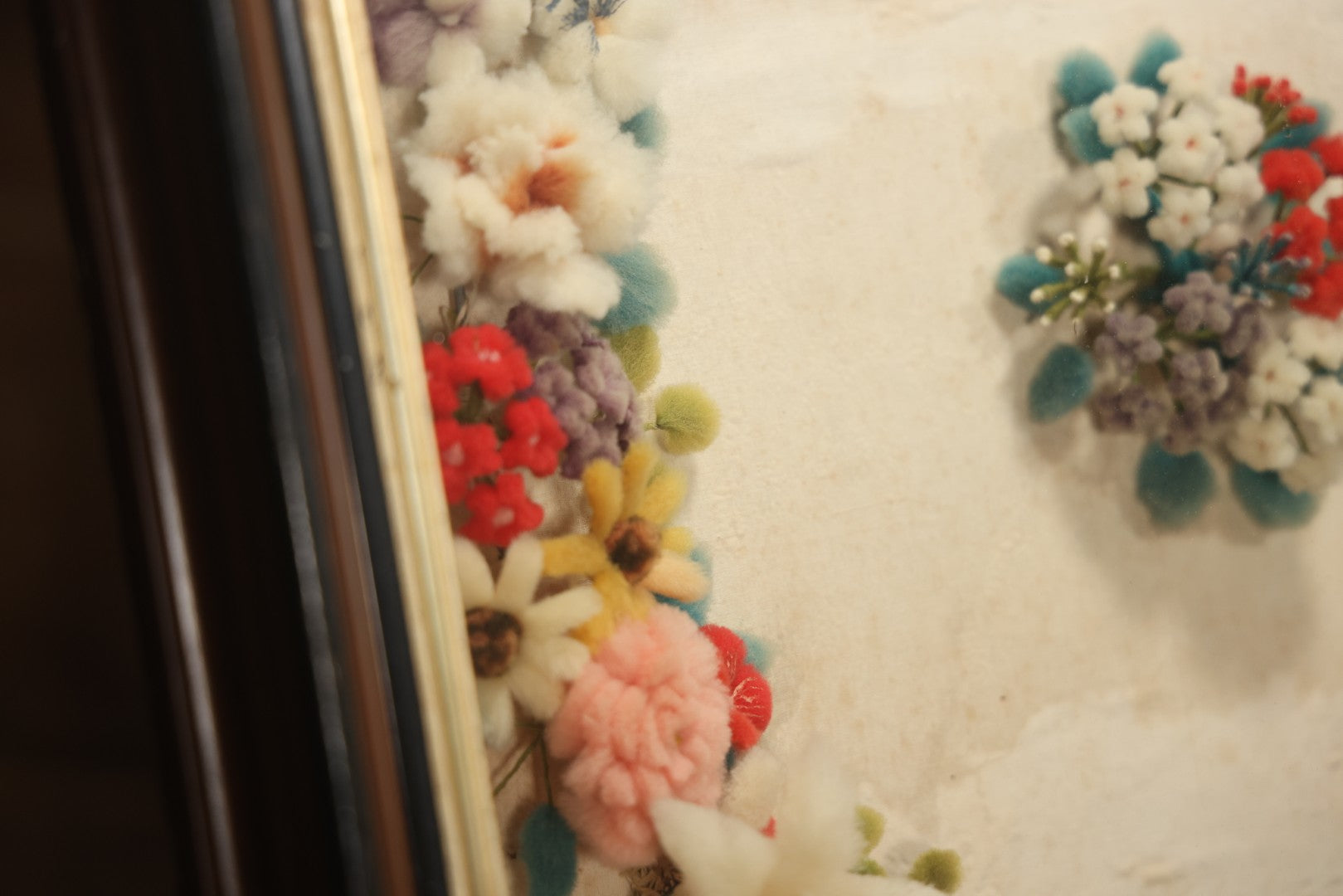 Early 20th Century Shadow Box With Wool Work Flower Horseshoe And Bouquet Arrangement, 24-5/8" X 28-3/8"