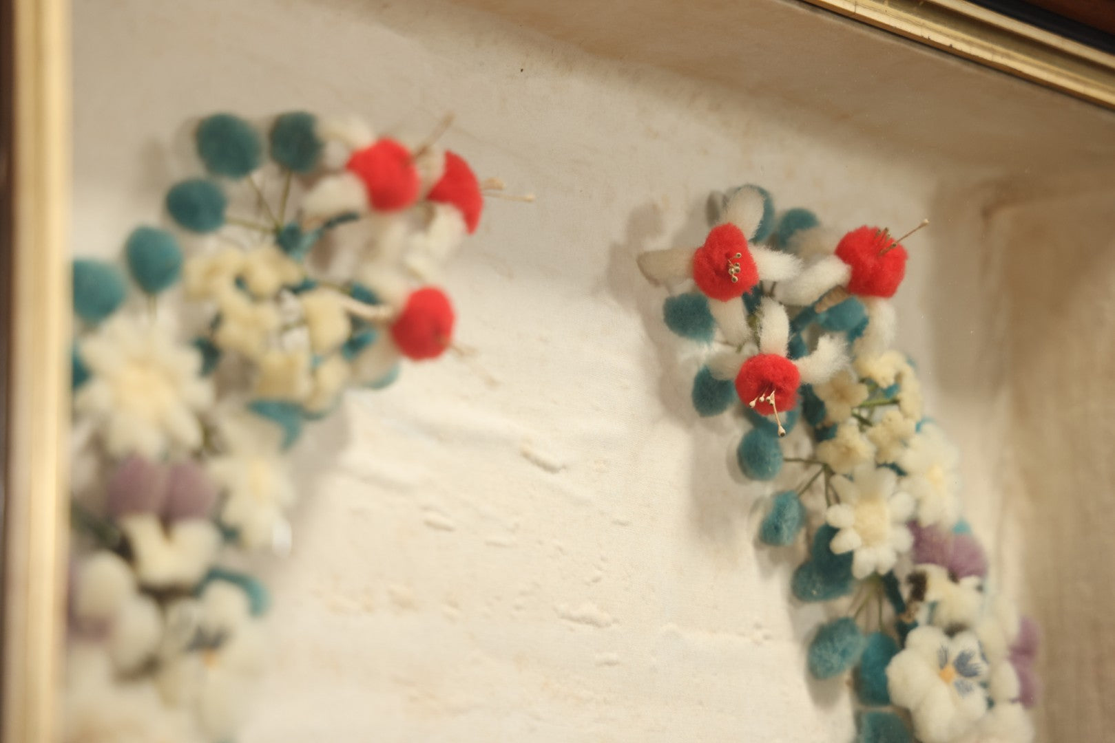 Early 20th Century Shadow Box With Wool Work Flower Horseshoe And Bouquet Arrangement, 24-5/8" X 28-3/8"