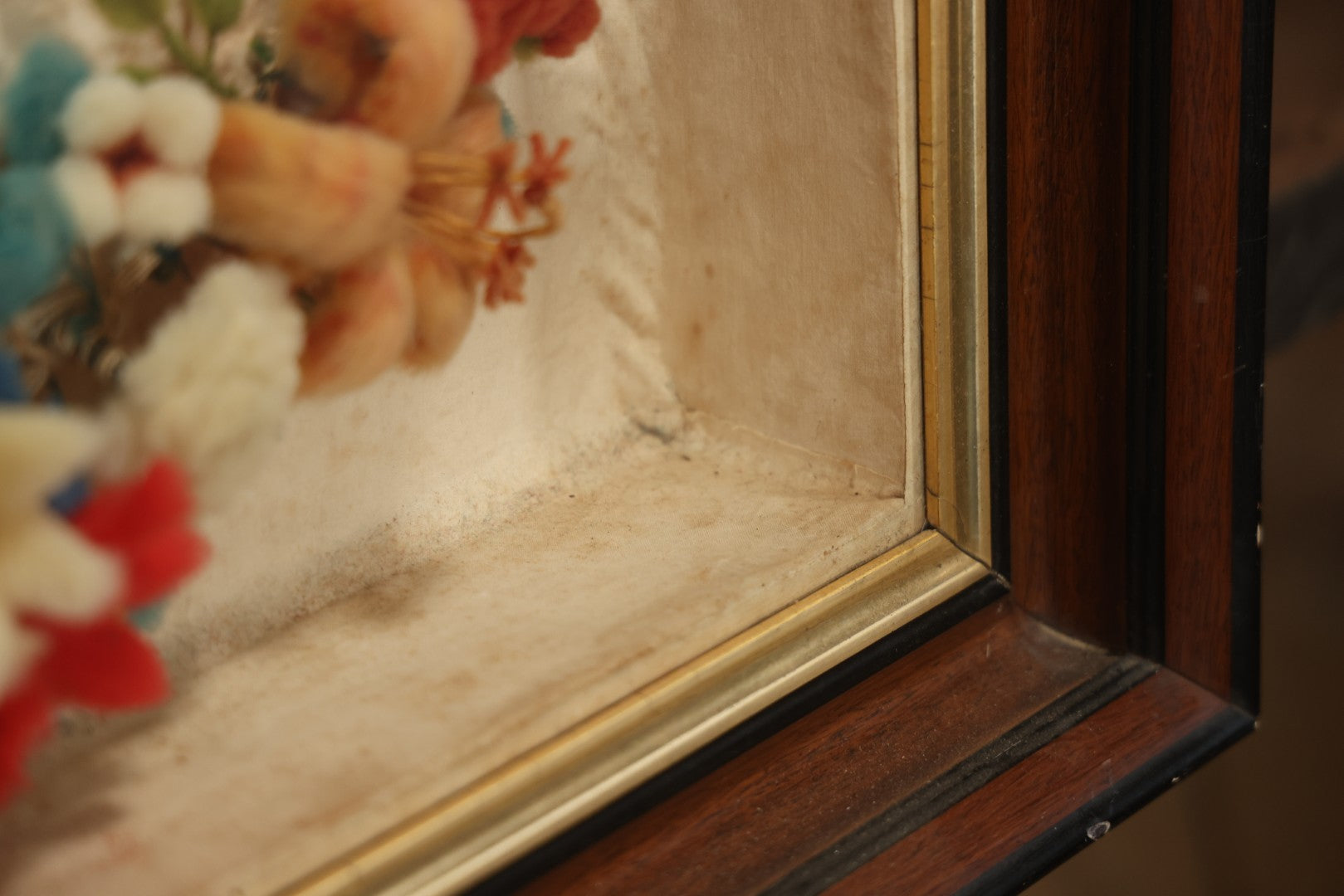 Early 20th Century Shadow Box With Wool Work Flower Horseshoe And Bouquet Arrangement, 24-5/8" X 28-3/8"