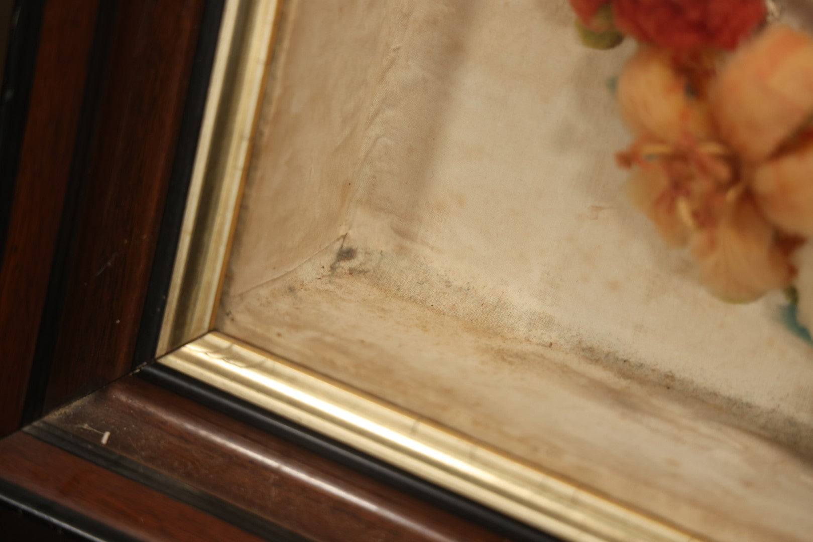 Early 20th Century Shadow Box With Wool Work Flower Horseshoe And Bouquet Arrangement, 24-5/8" X 28-3/8"