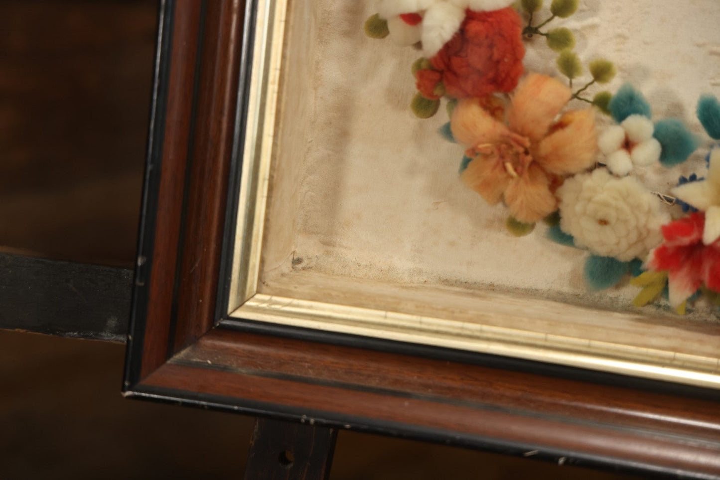 Early 20th Century Shadow Box With Wool Work Flower Horseshoe And Bouquet Arrangement, 24-5/8" X 28-3/8"