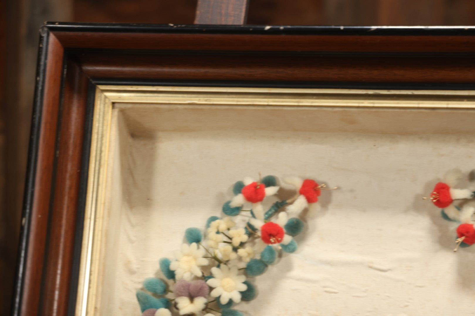 Early 20th Century Shadow Box With Wool Work Flower Horseshoe And Bouquet Arrangement, 24-5/8" X 28-3/8"