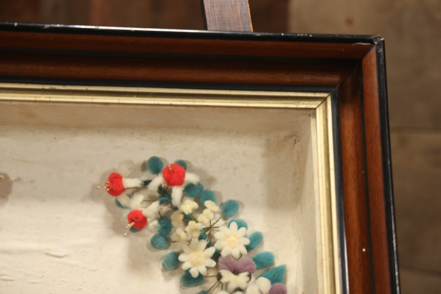 Early 20th Century Shadow Box With Wool Work Flower Horseshoe And Bouquet Arrangement, 24-5/8" X 28-3/8"