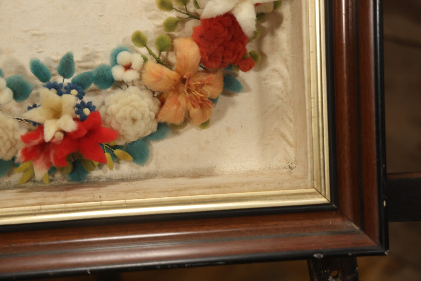 Early 20th Century Shadow Box With Wool Work Flower Horseshoe And Bouquet Arrangement, 24-5/8" X 28-3/8"