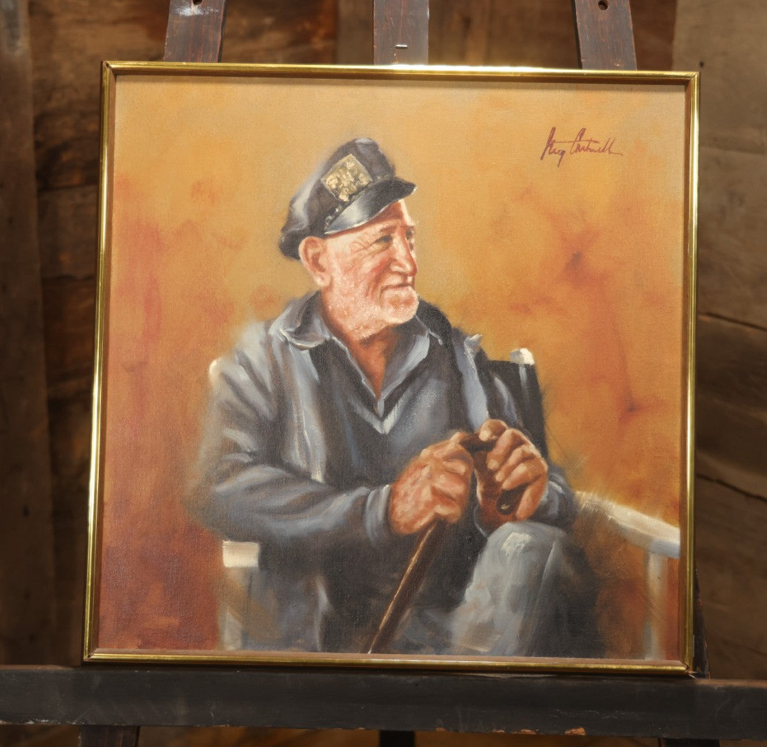 Vintage Late 20th Century Oil On Canvas Portrait Of Elder Sailor, Signed Greg Cartmell, 21-1/8" X 21-1/8"