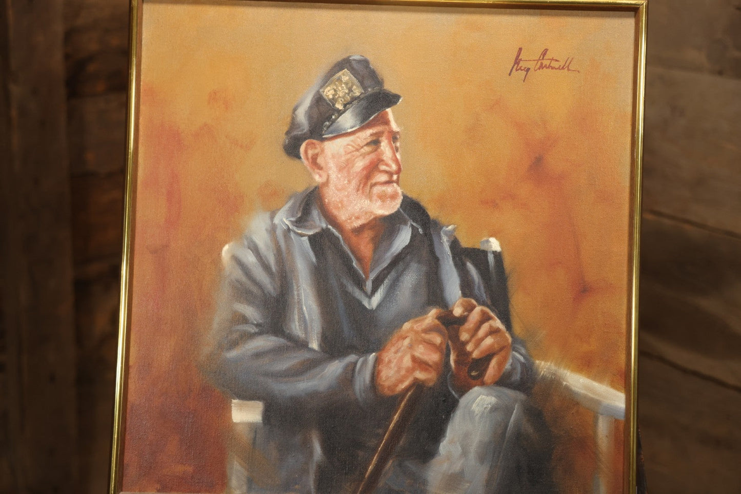 Vintage Late 20th Century Oil On Canvas Portrait Of Elder Sailor, Signed Greg Cartmell, 21-1/8" X 21-1/8"