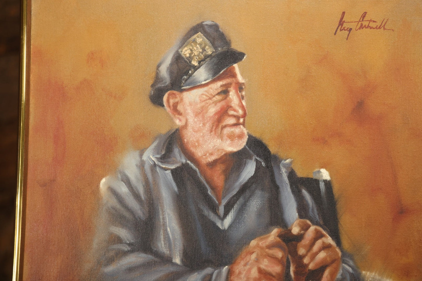 Vintage Late 20th Century Oil On Canvas Portrait Of Elder Sailor, Signed Greg Cartmell, 21-1/8" X 21-1/8"