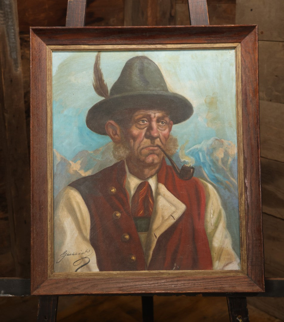 Mid-20th Century Oil On Canvas Portrait Of Elder Alpine Gentleman With Pipe, Signed Gussich, 23-3/4" X 27-3/4"