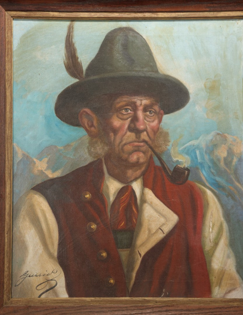 Mid-20th Century Oil On Canvas Portrait Of Elder Alpine Gentleman With Pipe, Signed Gussich, 23-3/4" X 27-3/4"