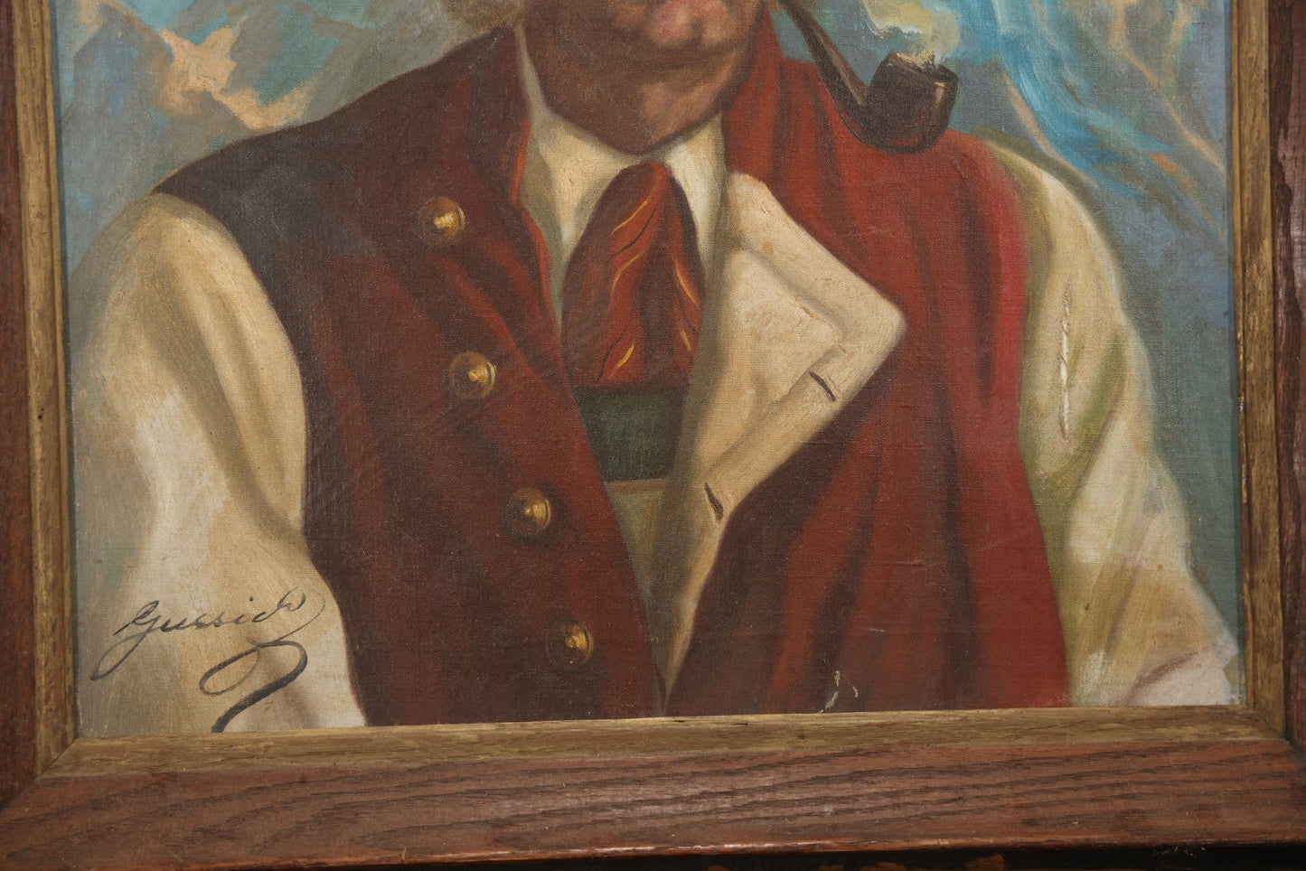 Mid-20th Century Oil On Canvas Portrait Of Elder Alpine Gentleman With Pipe, Signed Gussich, 23-3/4" X 27-3/4"