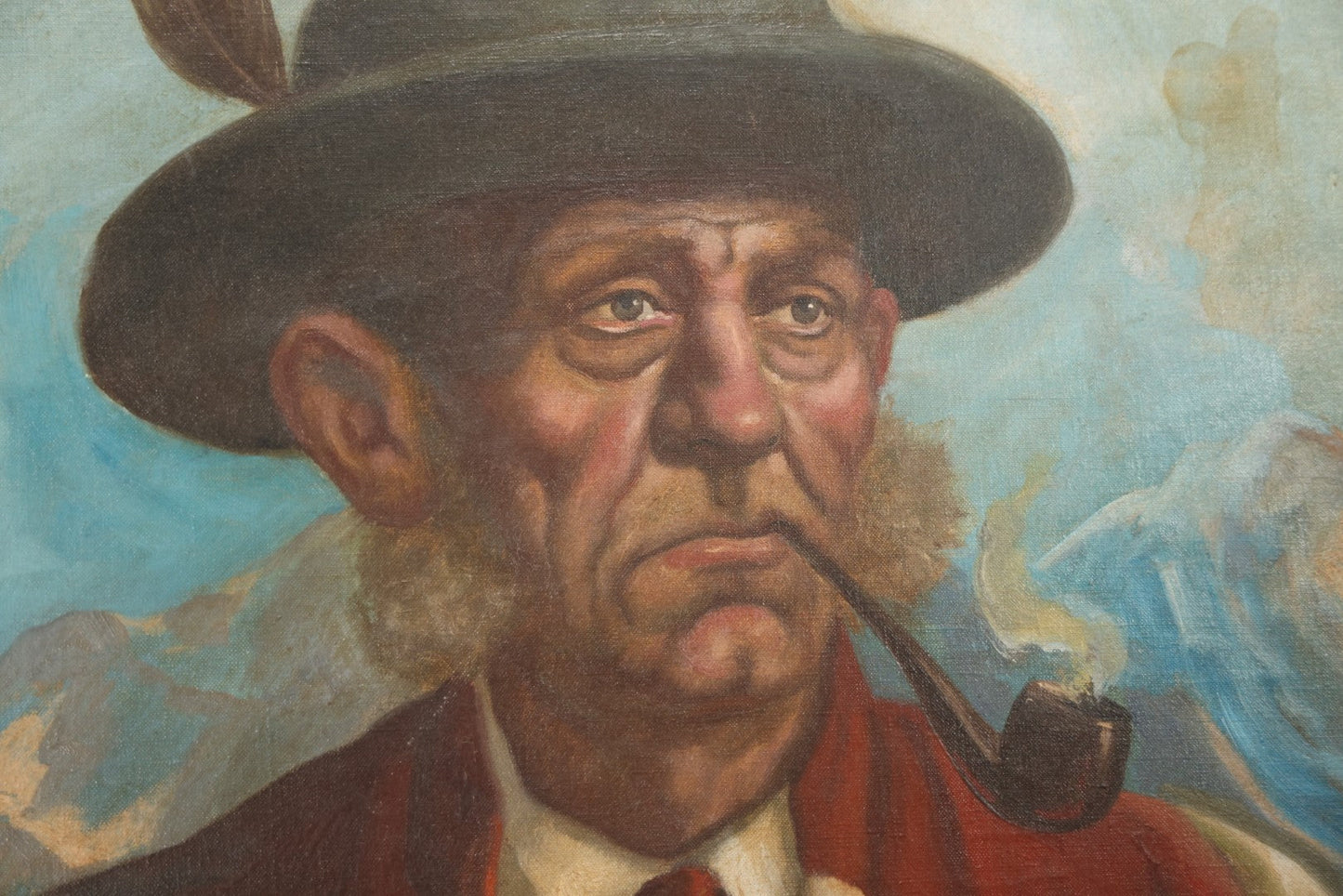 Mid-20th Century Oil On Canvas Portrait Of Elder Alpine Gentleman With Pipe, Signed Gussich, 23-3/4" X 27-3/4"