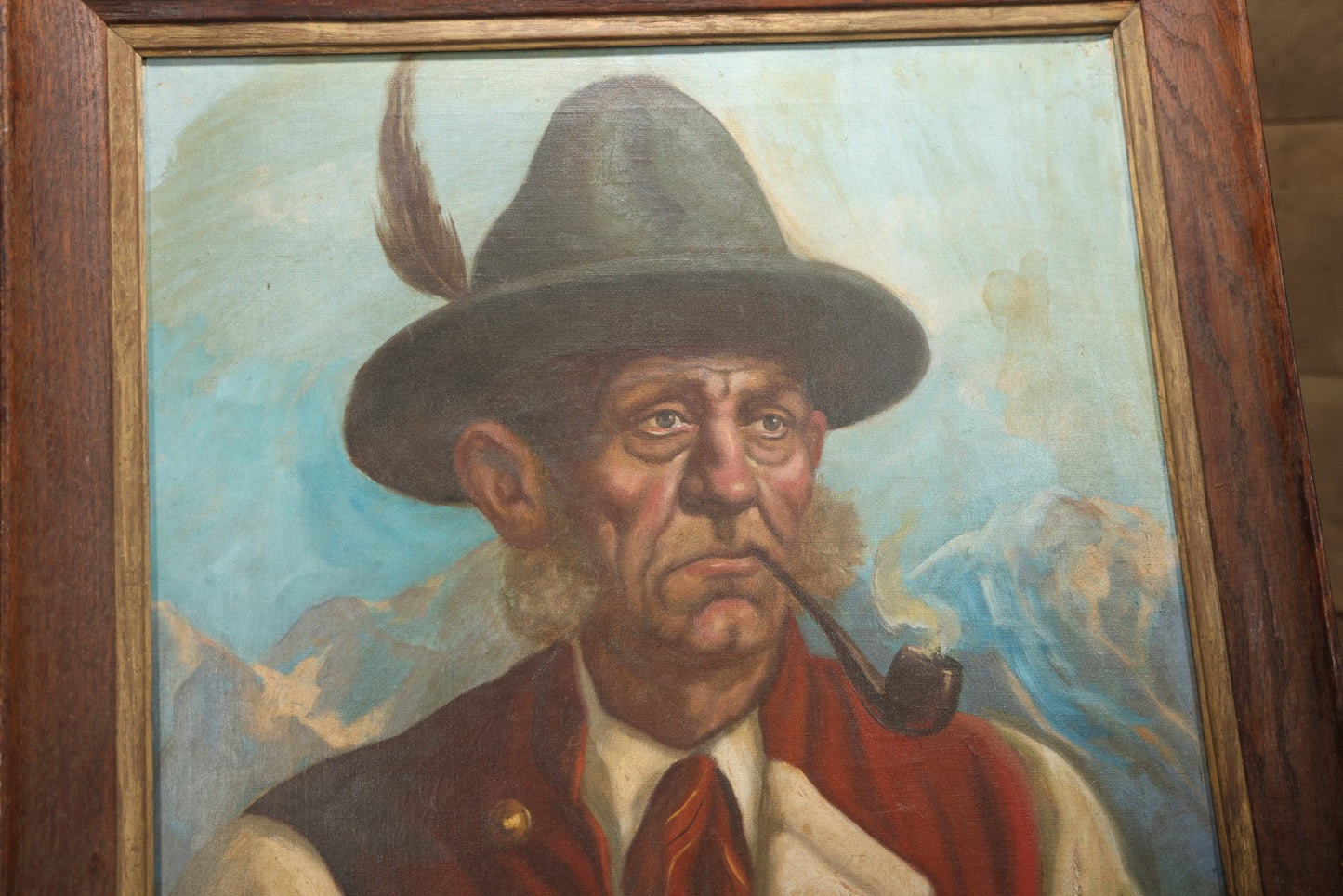 Mid-20th Century Oil On Canvas Portrait Of Elder Alpine Gentleman With Pipe, Signed Gussich, 23-3/4" X 27-3/4"
