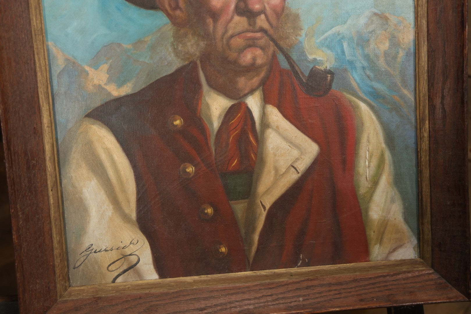 Mid-20th Century Oil On Canvas Portrait Of Elder Alpine Gentleman With Pipe, Signed Gussich, 23-3/4" X 27-3/4"