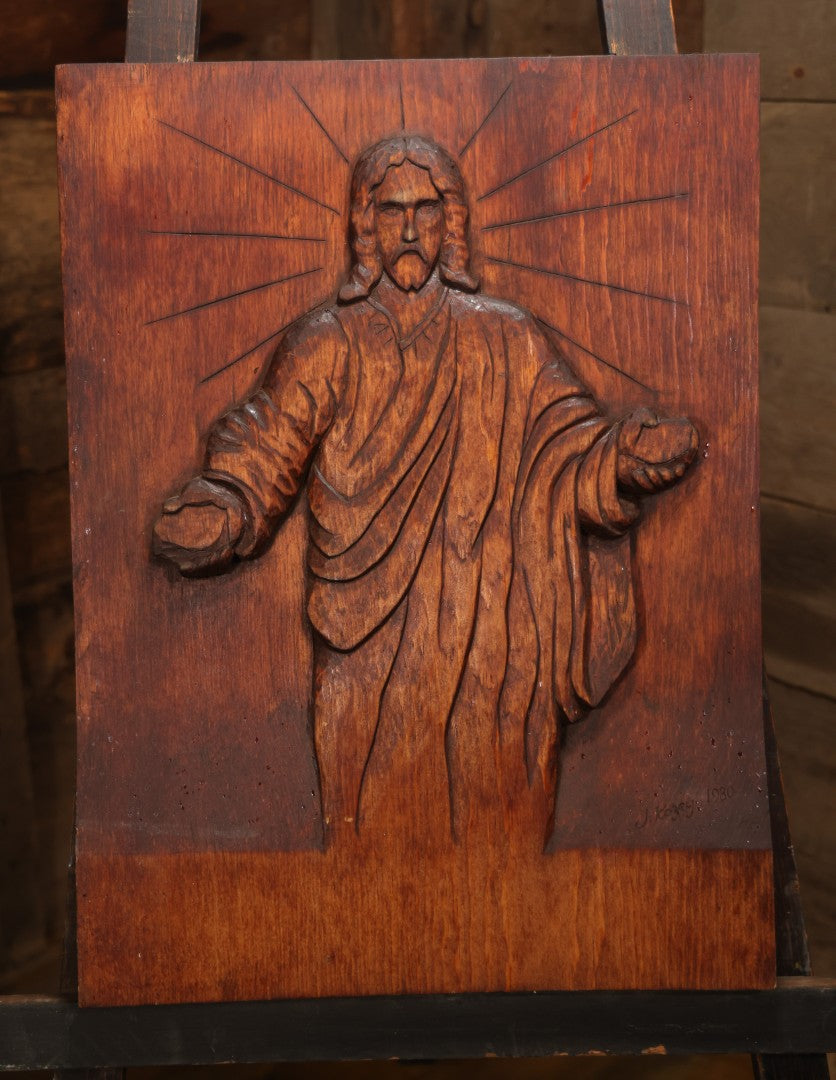 Vintage 1980 Hand-Carved Folk Art Wood Religious Wall Plaque Of Jesus Christ, Signed J. Kozey, 19-3/8" X 25-7/8"