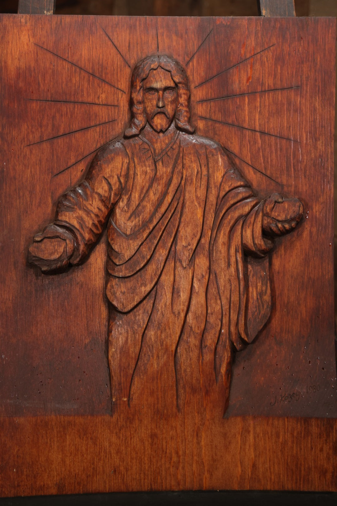 Vintage 1980 Hand-Carved Folk Art Wood Religious Wall Plaque Of Jesus Christ, Signed J. Kozey, 19-3/8" X 25-7/8"
