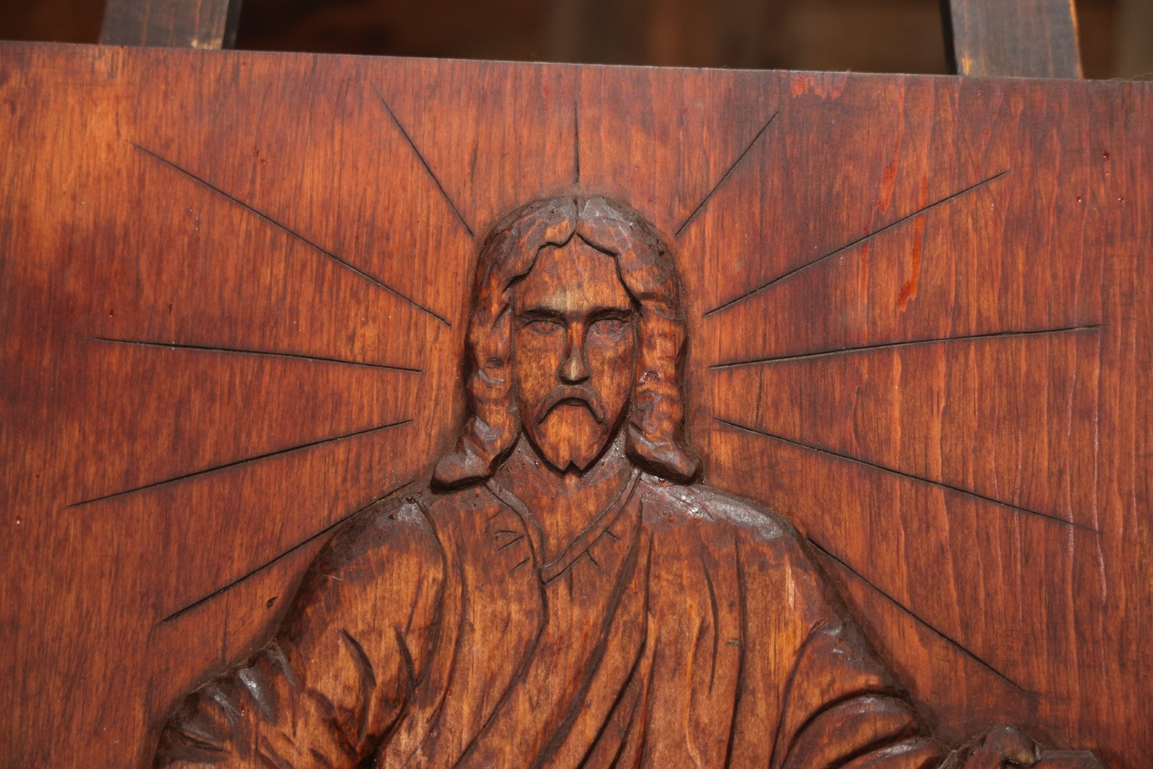Vintage 1980 Hand-Carved Folk Art Wood Religious Wall Plaque Of Jesus Christ, Signed J. Kozey, 19-3/8" X 25-7/8"