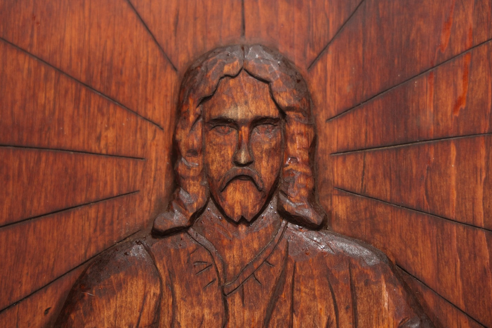Vintage 1980 Hand-Carved Folk Art Wood Religious Wall Plaque Of Jesus Christ, Signed J. Kozey, 19-3/8" X 25-7/8"