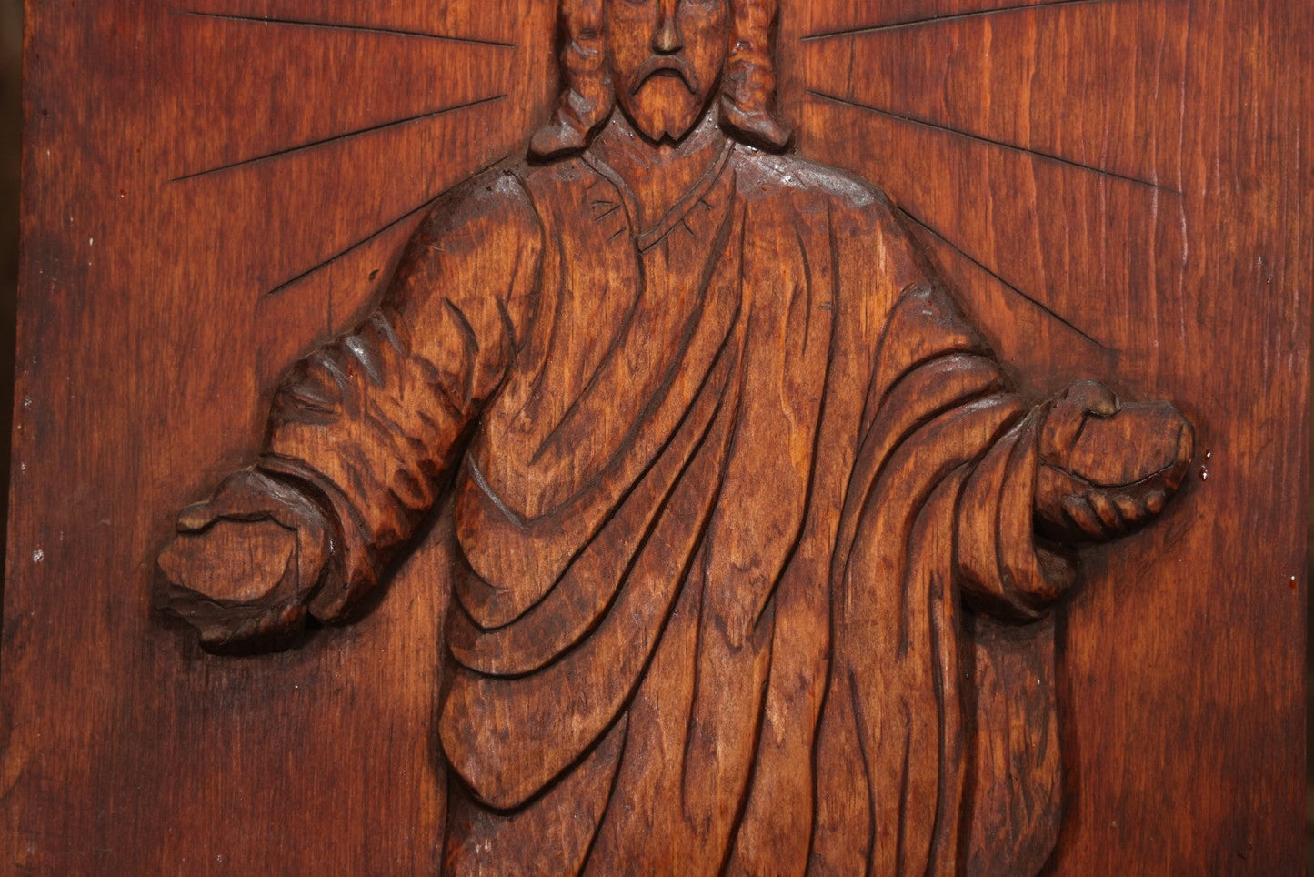 Vintage 1980 Hand-Carved Folk Art Wood Religious Wall Plaque Of Jesus Christ, Signed J. Kozey, 19-3/8" X 25-7/8"