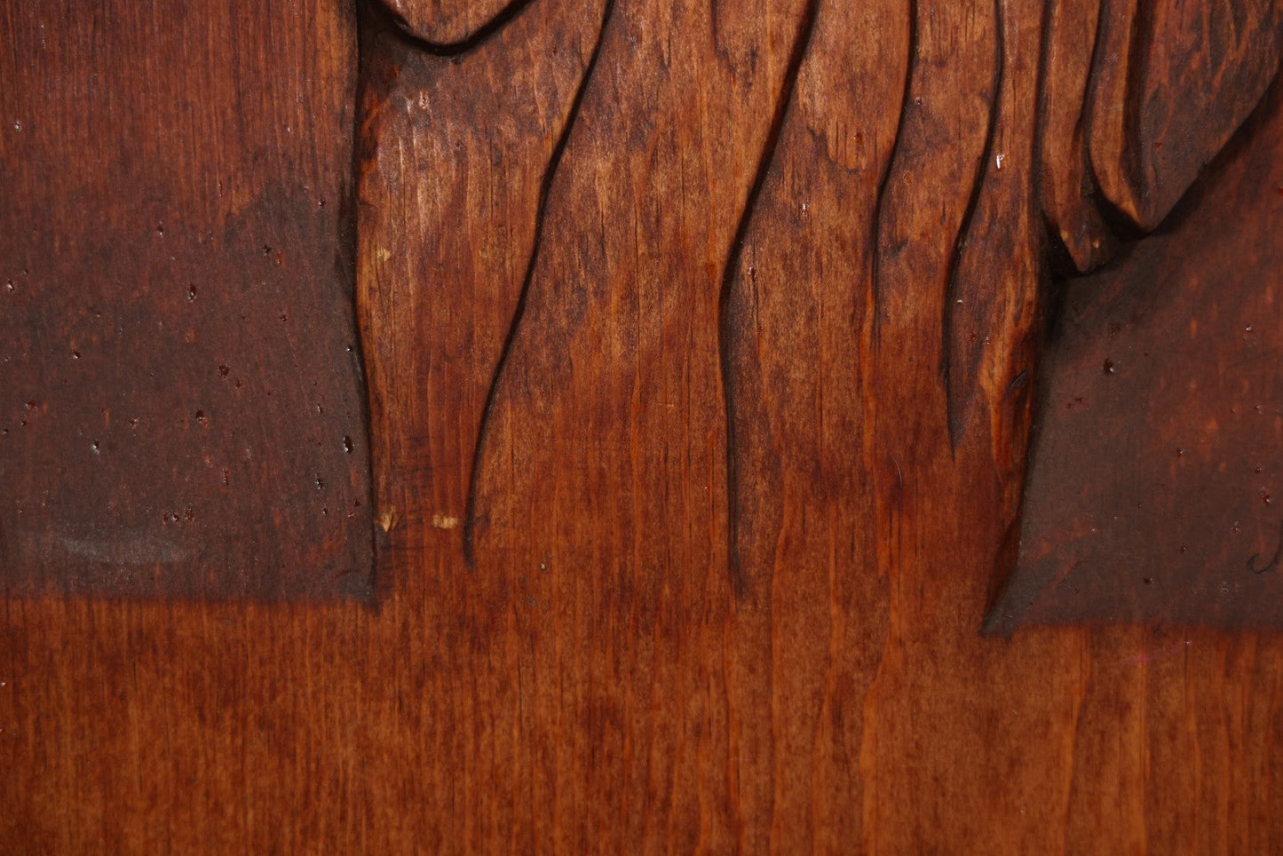 Vintage 1980 Hand-Carved Folk Art Wood Religious Wall Plaque Of Jesus Christ, Signed J. Kozey, 19-3/8" X 25-7/8"