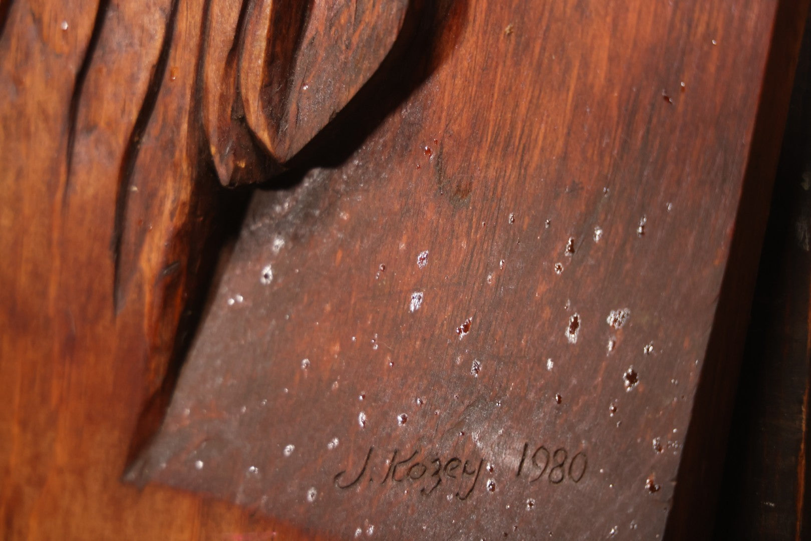 Vintage 1980 Hand-Carved Folk Art Wood Religious Wall Plaque Of Jesus Christ, Signed J. Kozey, 19-3/8" X 25-7/8"