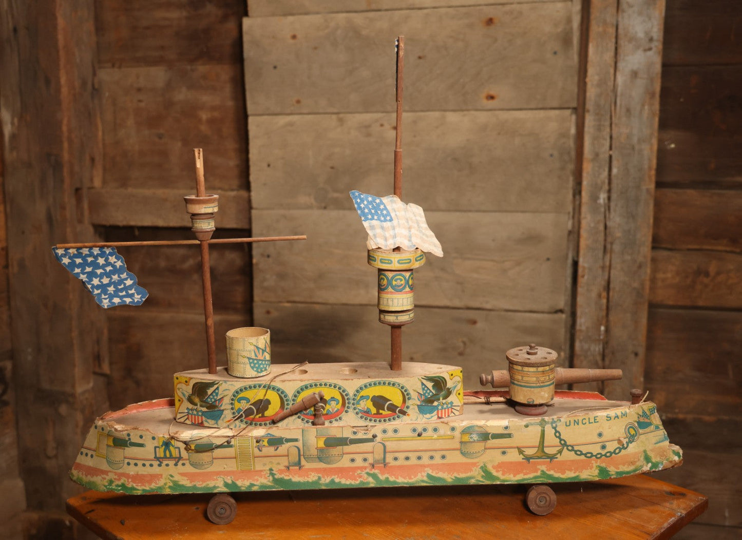 Early 20th Century “Uncle Sam” Paper Lithographed And Wood Pull Toy Battleship, 32" L