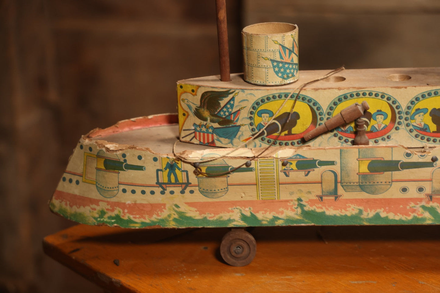 Early 20th Century “Uncle Sam” Paper Lithographed And Wood Pull Toy Battleship, 32" L