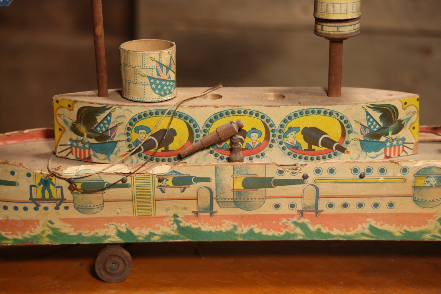 Early 20th Century “Uncle Sam” Paper Lithographed And Wood Pull Toy Battleship, 32" L
